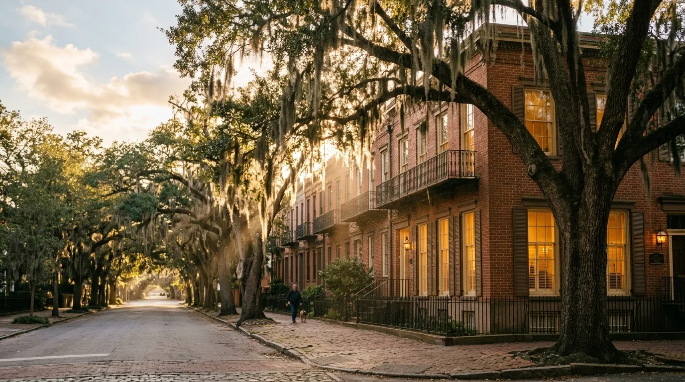 Live oaks and Spanish moss over a historic Savannah street at golden hour